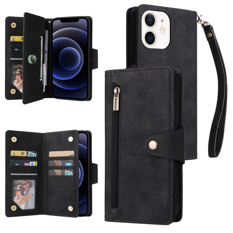 For iPhone 12 Rivet Buckle 9 Cards Three Fold Leather Phone Case