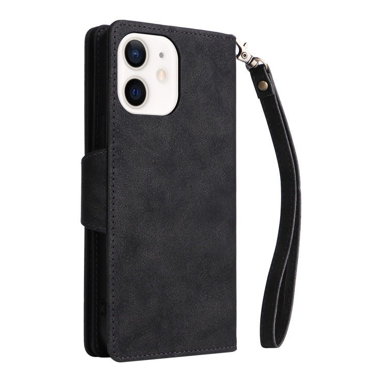 For iPhone 12 Rivet Buckle 9 Cards Three Fold Leather Phone Case