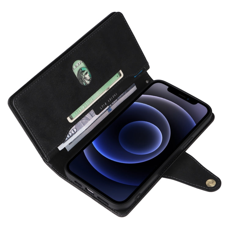 For iPhone 12 Rivet Buckle 9 Cards Three Fold Leather Phone Case