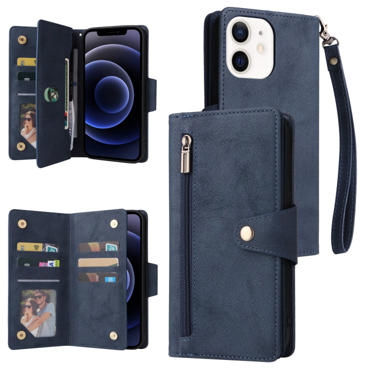 For iPhone 12 Rivet Buckle 9 Cards Three Fold Leather Phone Case