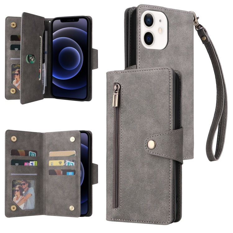 For iPhone 12 Rivet Buckle 9 Cards Three Fold Leather Phone Case
