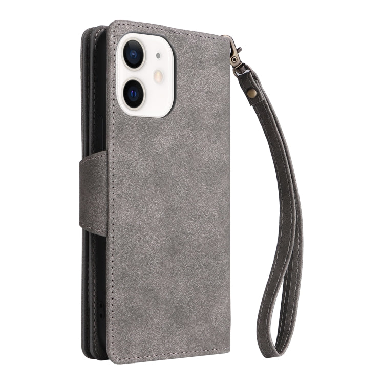 For iPhone 12 Rivet Buckle 9 Cards Three Fold Leather Phone Case