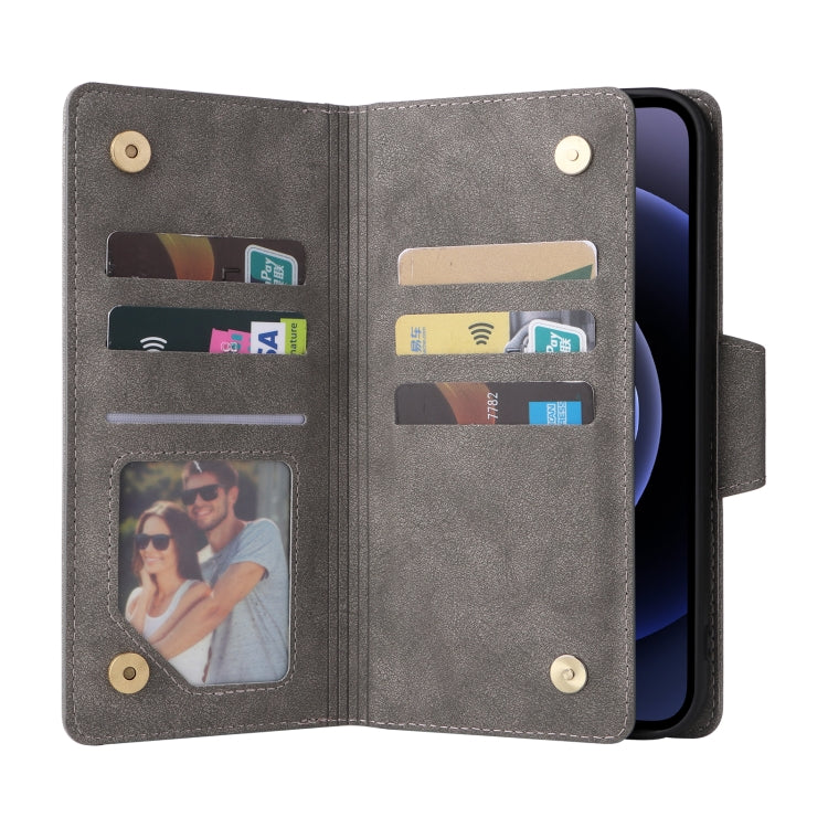 For iPhone 12 Rivet Buckle 9 Cards Three Fold Leather Phone Case