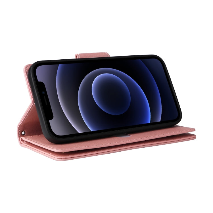 For iPhone 12 Rivet Buckle 9 Cards Three Fold Leather Phone Case