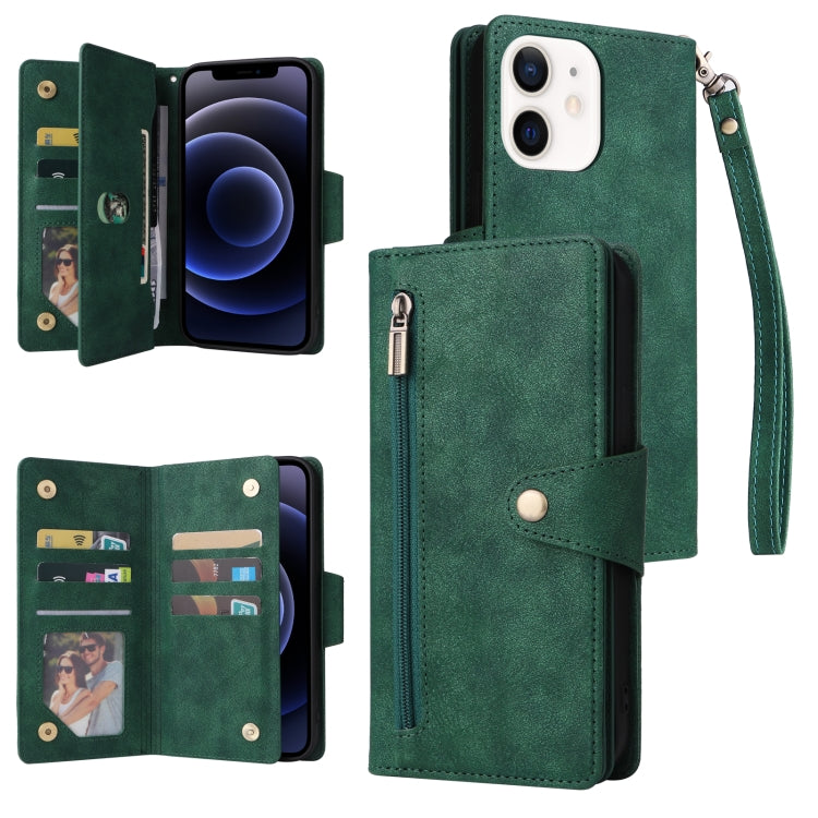 For iPhone 12 Rivet Buckle 9 Cards Three Fold Leather Phone Case