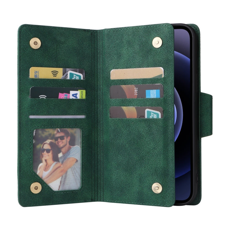 For iPhone 12 Rivet Buckle 9 Cards Three Fold Leather Phone Case