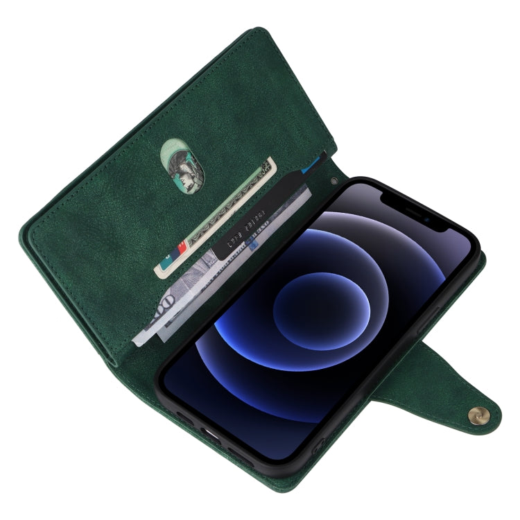 For iPhone 12 Rivet Buckle 9 Cards Three Fold Leather Phone Case