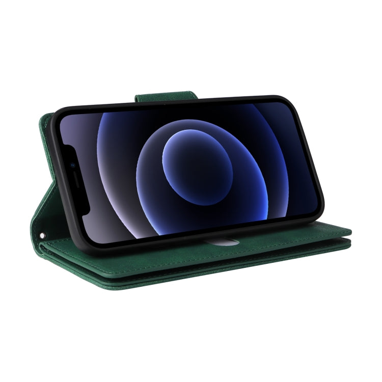 For iPhone 12 Rivet Buckle 9 Cards Three Fold Leather Phone Case