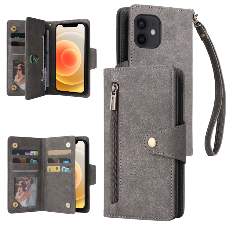 For iPhone 12 mini Rivet Buckle 9 Cards Three Fold Leather Phone Case