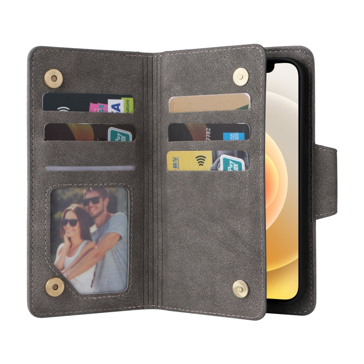 For iPhone 12 mini Rivet Buckle 9 Cards Three Fold Leather Phone Case