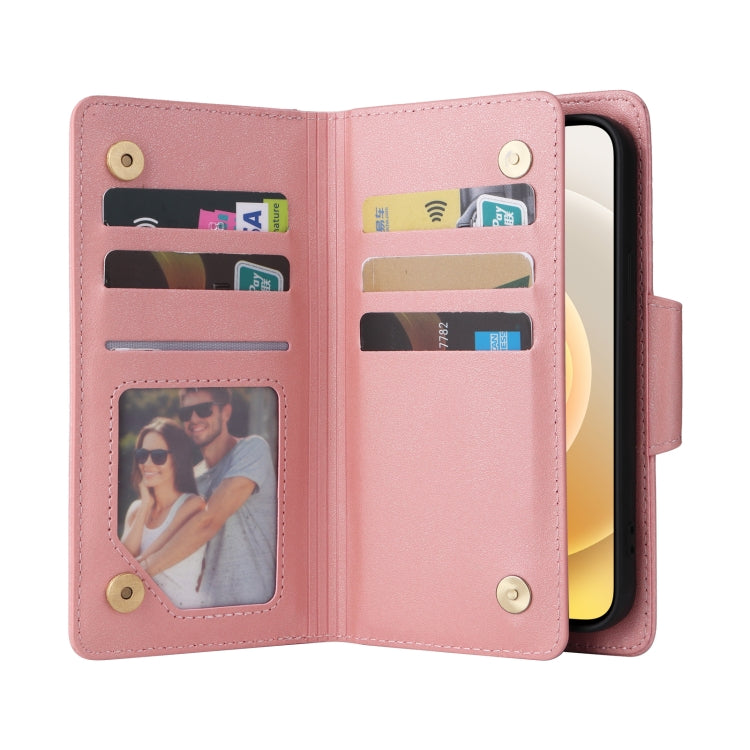 For iPhone 12 mini Rivet Buckle 9 Cards Three Fold Leather Phone Case