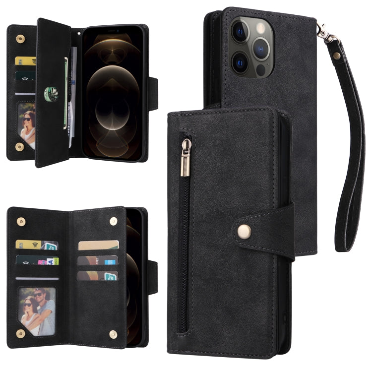 For iPhone 12 Pro Max Rivet Buckle 9 Cards Three Fold Leather Phone Case