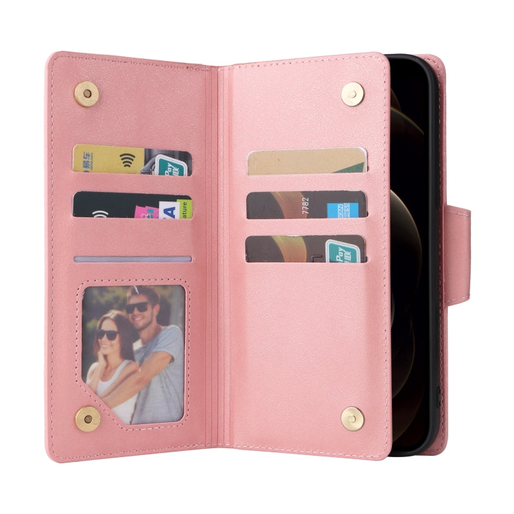 For iPhone 12 Pro Max Rivet Buckle 9 Cards Three Fold Leather Phone Case