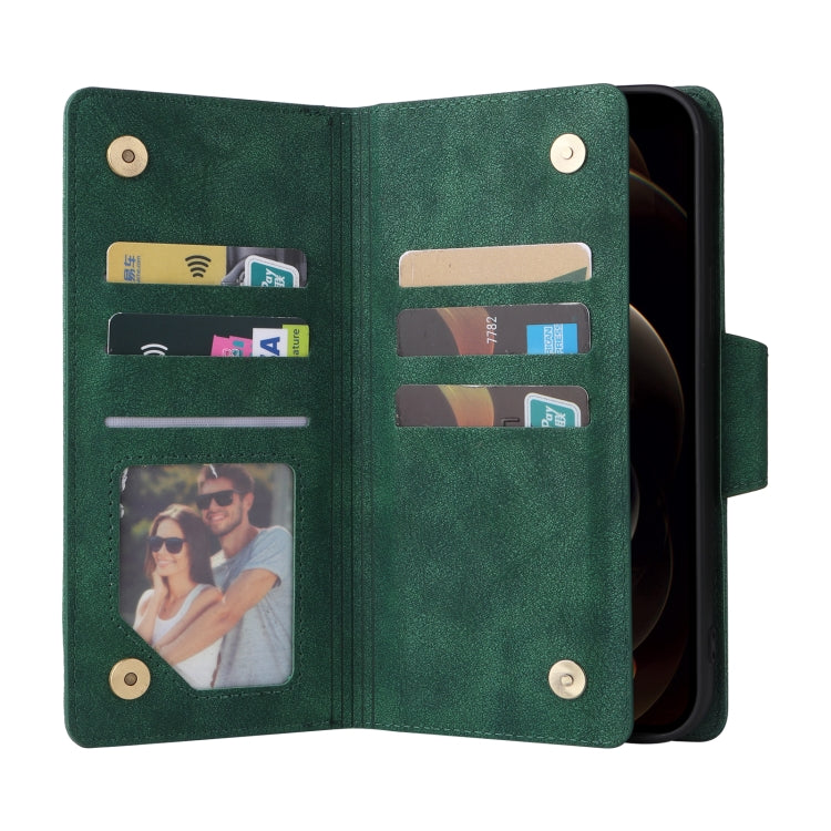 For iPhone 12 Pro Max Rivet Buckle 9 Cards Three Fold Leather Phone Case