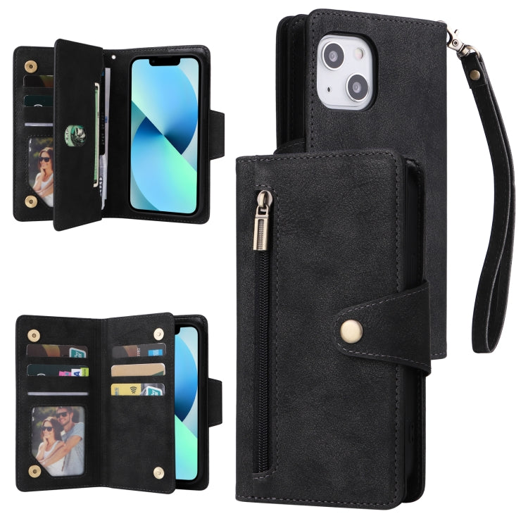 For iPhone 13 mini Rivet Buckle 9 Cards Three Fold Leather Phone Case