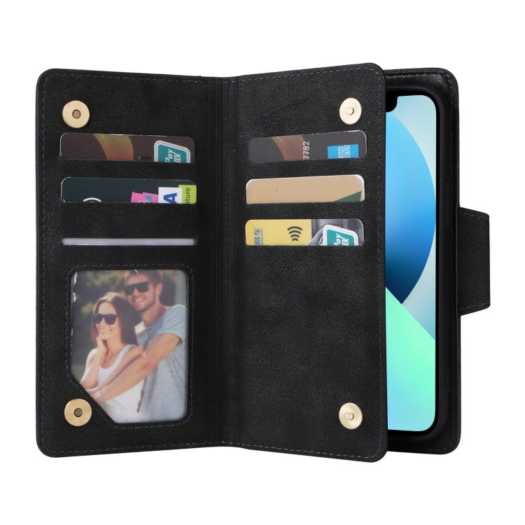 For iPhone 13 mini Rivet Buckle 9 Cards Three Fold Leather Phone Case