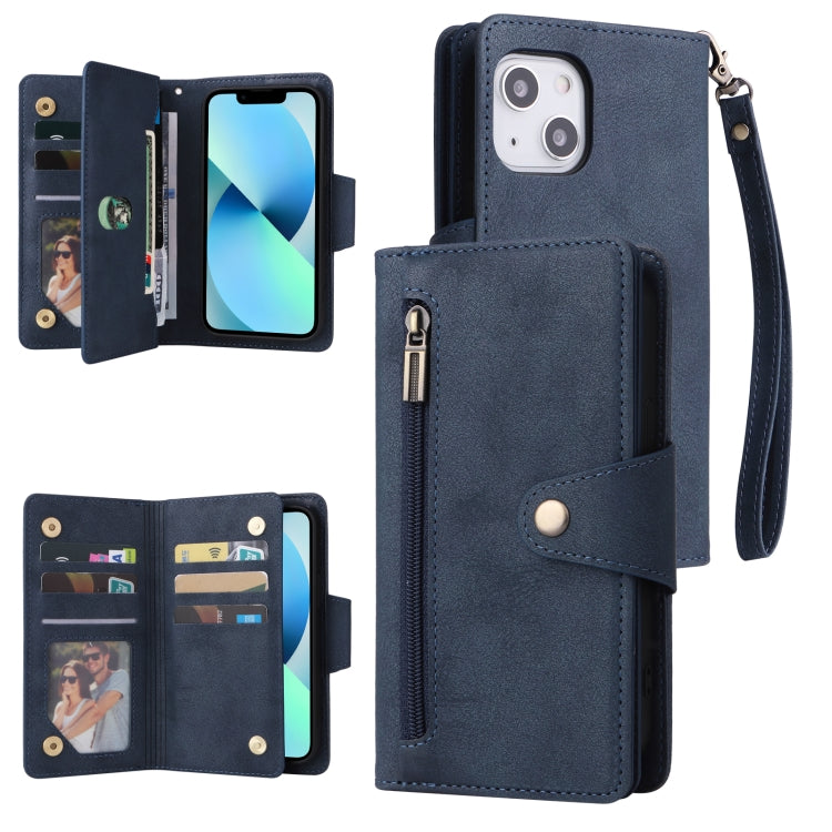 For iPhone 13 mini Rivet Buckle 9 Cards Three Fold Leather Phone Case