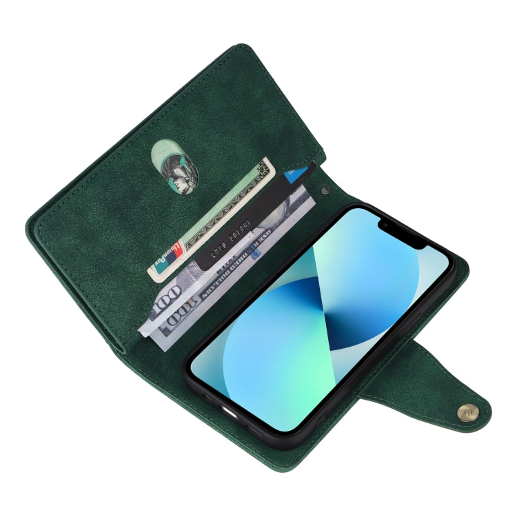 For iPhone 13 mini Rivet Buckle 9 Cards Three Fold Leather Phone Case