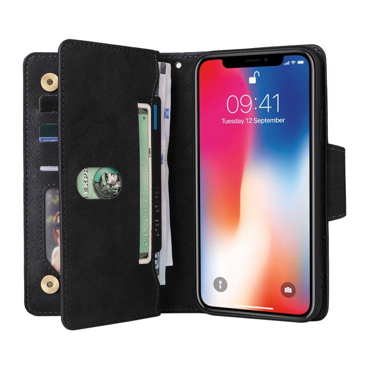 For iPhone X / XS Rivet Buckle 9 Cards Three Fold Leather Phone Case