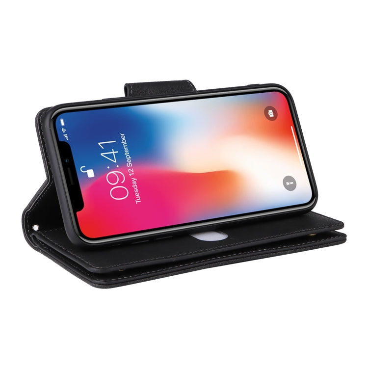 For iPhone X / XS Rivet Buckle 9 Cards Three Fold Leather Phone Case