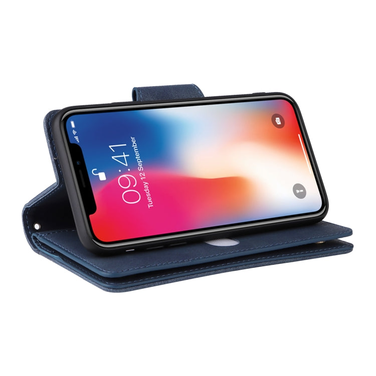 For iPhone X / XS Rivet Buckle 9 Cards Three Fold Leather Phone Case