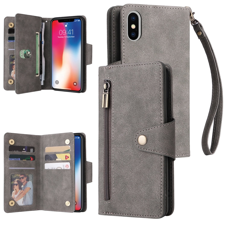 For iPhone X / XS Rivet Buckle 9 Cards Three Fold Leather Phone Case