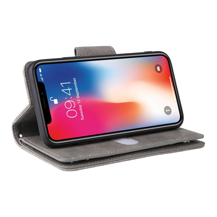 For iPhone X / XS Rivet Buckle 9 Cards Three Fold Leather Phone Case