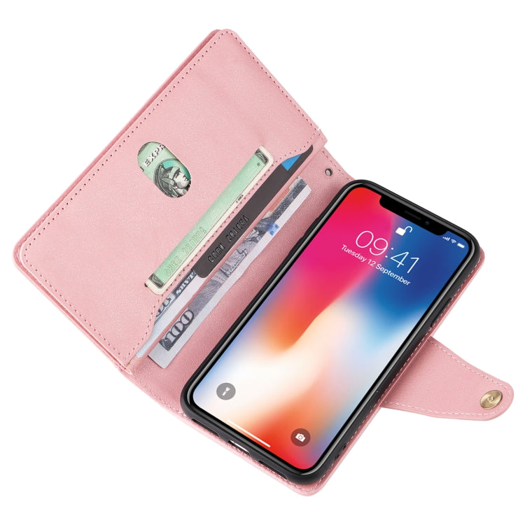 For iPhone X / XS Rivet Buckle 9 Cards Three Fold Leather Phone Case