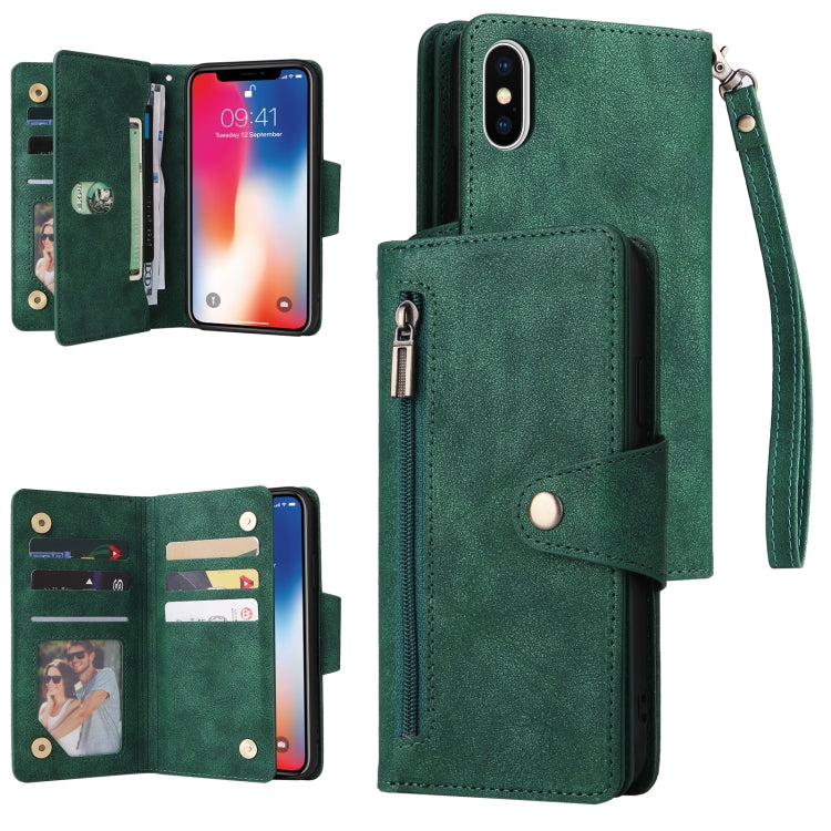 For iPhone X / XS Rivet Buckle 9 Cards Three Fold Leather Phone Case