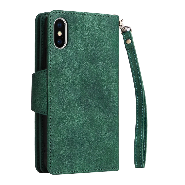 For iPhone X / XS Rivet Buckle 9 Cards Three Fold Leather Phone Case