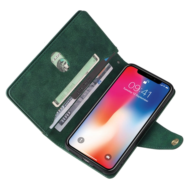 For iPhone X / XS Rivet Buckle 9 Cards Three Fold Leather Phone Case