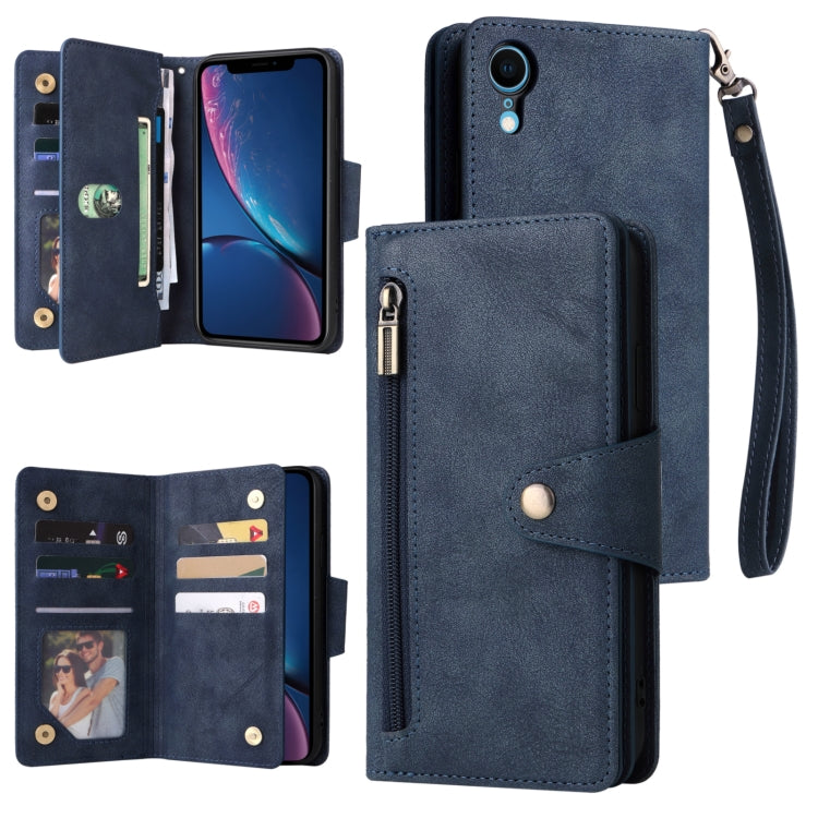 For iPhone XR Rivet Buckle 9 Cards Three Fold Leather Phone Case