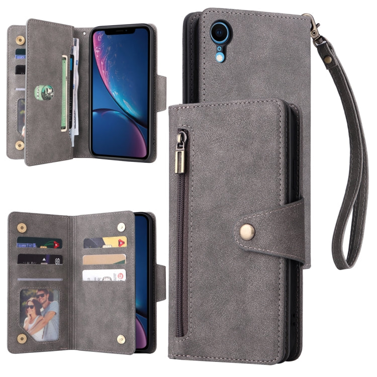 For iPhone XR Rivet Buckle 9 Cards Three Fold Leather Phone Case