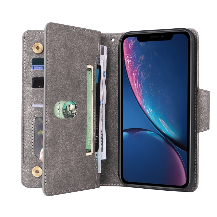 For iPhone XR Rivet Buckle 9 Cards Three Fold Leather Phone Case