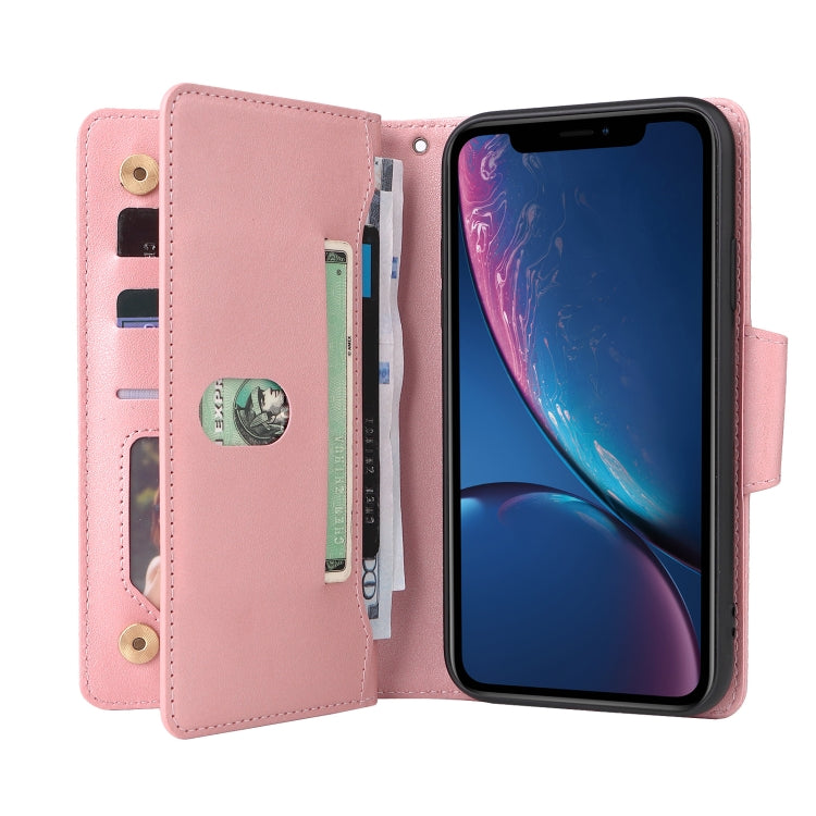 For iPhone XR Rivet Buckle 9 Cards Three Fold Leather Phone Case