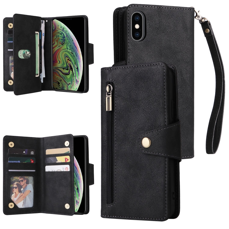 For iPhone XS Max Rivet Buckle 9 Cards Three Fold Leather Phone Case