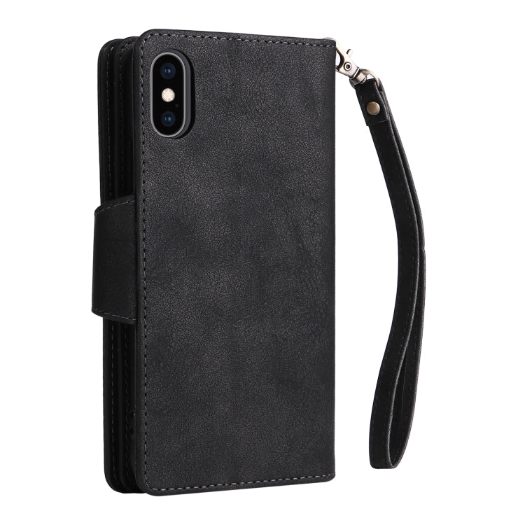 For iPhone XS Max Rivet Buckle 9 Cards Three Fold Leather Phone Case