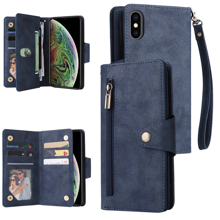 For iPhone XS Max Rivet Buckle 9 Cards Three Fold Leather Phone Case