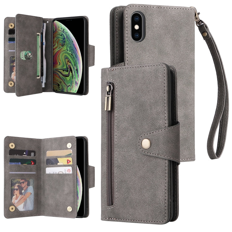 For iPhone XS Max Rivet Buckle 9 Cards Three Fold Leather Phone Case