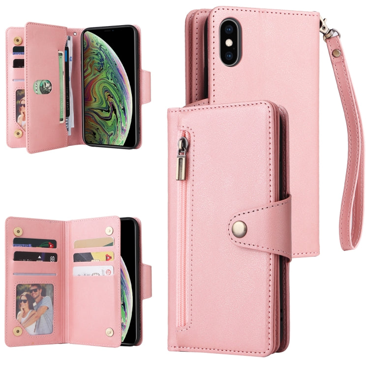 For iPhone XS Max Rivet Buckle 9 Cards Three Fold Leather Phone Case