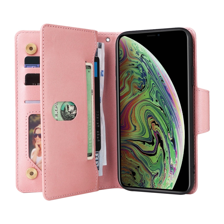 For iPhone XS Max Rivet Buckle 9 Cards Three Fold Leather Phone Case