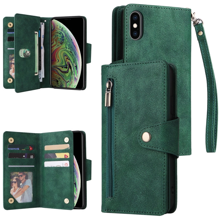 For iPhone XS Max Rivet Buckle 9 Cards Three Fold Leather Phone Case