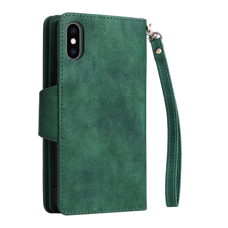 For iPhone XS Max Rivet Buckle 9 Cards Three Fold Leather Phone Case