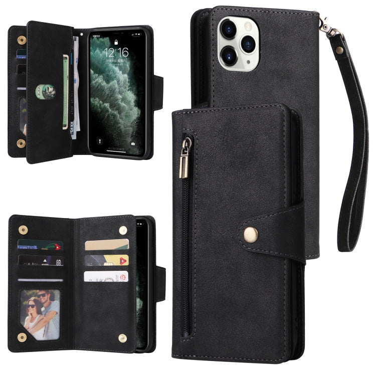 For iPhone 11 Pro Max Rivet Buckle 9 Cards Three Fold Leather Phone Case