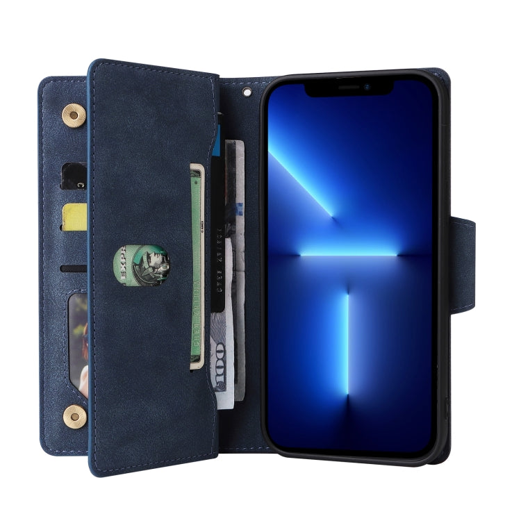 For iPhone 13 Pro Rivet Buckle 9 Cards Three Fold Leather Phone Case