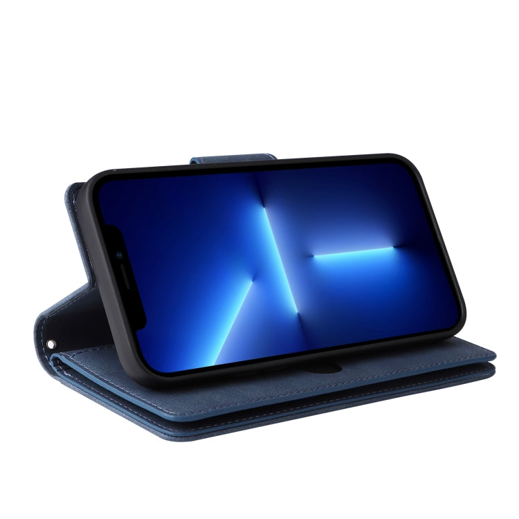 For iPhone 13 Pro Rivet Buckle 9 Cards Three Fold Leather Phone Case