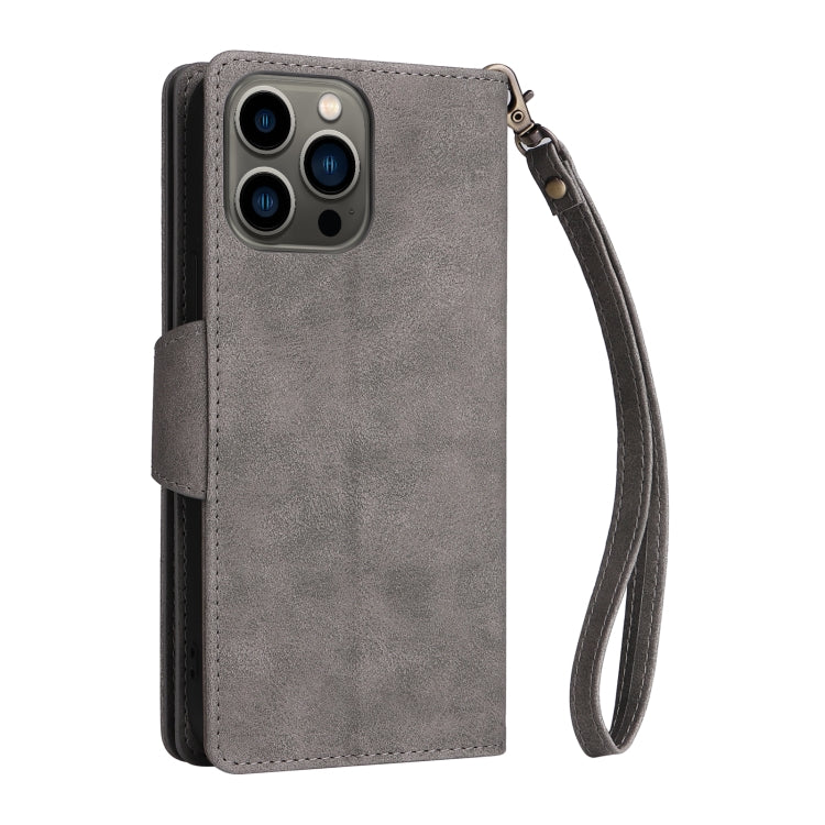 For iPhone 13 Pro Rivet Buckle 9 Cards Three Fold Leather Phone Case