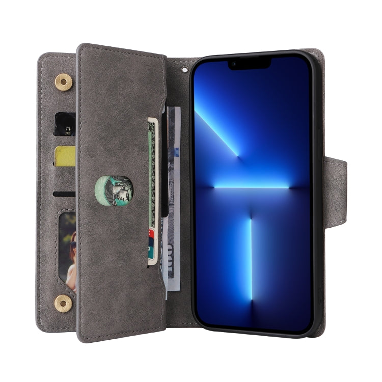 For iPhone 13 Pro Rivet Buckle 9 Cards Three Fold Leather Phone Case