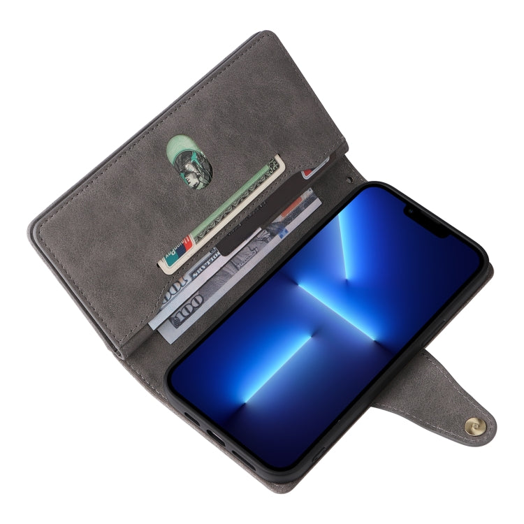 For iPhone 13 Pro Rivet Buckle 9 Cards Three Fold Leather Phone Case