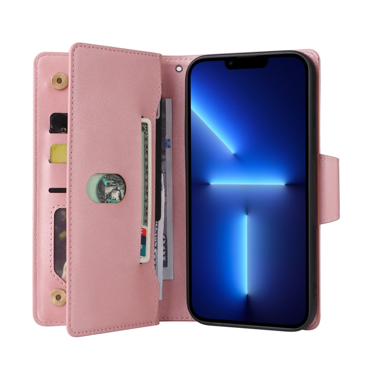 For iPhone 13 Pro Rivet Buckle 9 Cards Three Fold Leather Phone Case